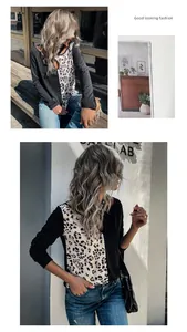 Detail of trendy knit top featuring leopard print patchwork and hollow-out neckline
