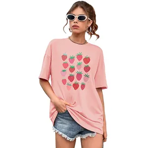 Rosa Kurzarm-T-Shirt mit Erdbeer-Grafikdruck im lockeren, lässigen Schnitt für Damen