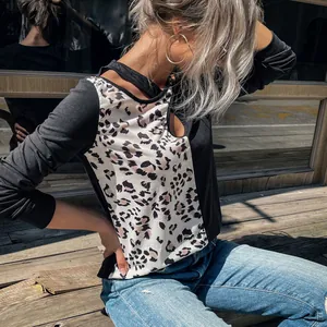Women Leopard Print Patchwork Long Sleeve T-Shirt Casual Cutout Neckline Knit Top Streetwear Pullover For Autumn Winter