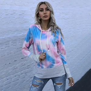 Sweat à Capuche Femme Décontracté Tie-Dye Manches Longues Patchwork Rayé Haut Ample en Mélange de Coton Streetwear
