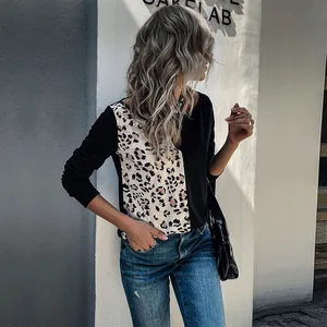 Women long sleeve top featuring leopard print patchwork design and a slim fit style