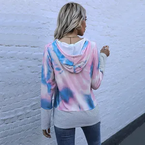 Sweat à capuche tie-dye rose et bleu pour femme avec manches à rayures décontracté