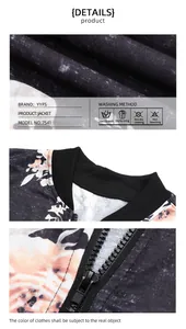 Detailed macro view of the vintage floral print and zip-up collar on a black baseball jacket