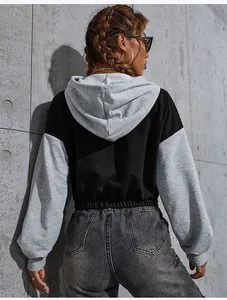 Back view of a cropped color-block hoodie with contrast sleeves and large grey hood