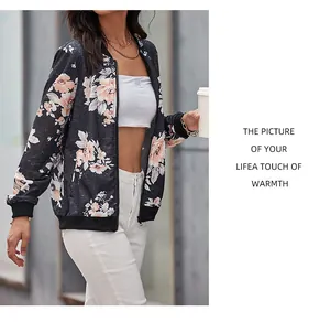 Detail of female baseball jacket featuring floral print, ribbed collar and metal zipper