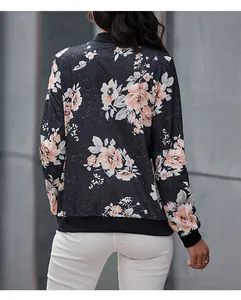 Back view of a black floral baseball jacket featuring pink blooms and ribbed trims