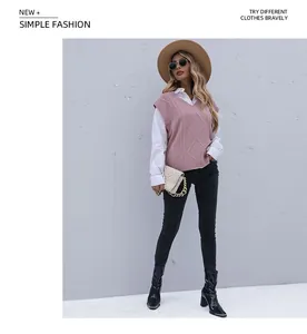 Detail of pink V-neck knit vest with diamond patterns and stylish autumn layering