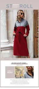 Detail of drawstring waist and side slit on gray and deep red colorblock dress