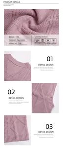 Detail of mauve V-neck cable knit pullover showing fine fabric texture and ribbed cuffs