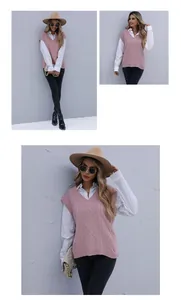 Detail of pink V-neck knit vest with diamond texture layered over white shirt