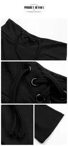 Détail du pantalon crayon noir côtelé à taille haute avec lacets et œillets métalliques