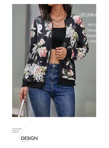 Detailed view of floral print bomber jacket with ribbed cuffs and zipper closure