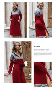 Detail view of contrast color midi dress featuring drawstring waist and side slit design