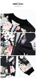 Detailed close-up of ribbed stand-collar and floral print on this baseball jacket