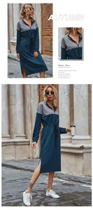 Detail of color-block dress with half-zipper collar, drawstring waist and side slit design