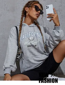 Close-up of California 1987 print on a grey cotton hoodie with drawstring details