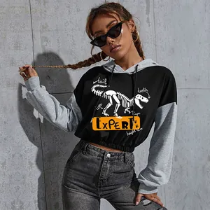 Women's Cropped Contrast Hoodie Dinosaur Skeleton Print Expert Graphic Long Sleeve Color Block Pullover Sweatshirt For Streetwear