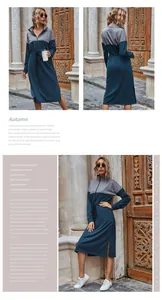 Detail view of long-sleeve midi dress featuring drawstring waist and color-block stitching