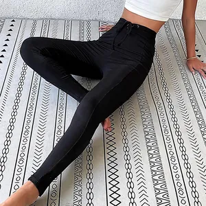 Legging noir côtelé taille haute pour femme avec cordon pour le fitness et le loisir