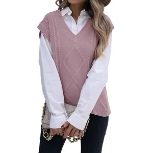 Women's pink knit v-neck cable vest with white collared shirt for autumn fashion