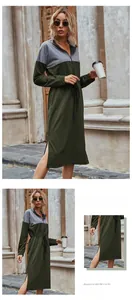 Detailed views of color block dress with drawstring waist and side slit hem