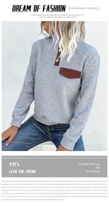 Detail of grey waffle knit pullover featuring brown contrast collar and buttoned pocket