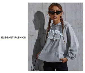 Detail of grey cotton hoodie featuring retro California West Coast letter printing