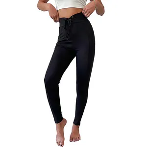 Pantalon crayon noir taille haute pour femme avec cordon de serrage et maille côtelée