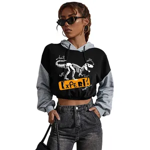 Cropped contrast hoodie with dinosaur skeleton print and elastic hem in black and grey