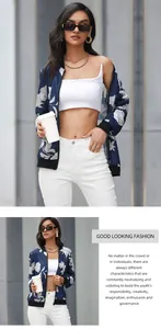 Detail of navy blue baseball jacket featuring white floral patterns and ribbed collar