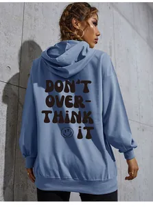 Detail of smog blue hoodie featuring black back print and ribbed cuffs for women