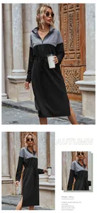 Detail of color-block midi dress featuring half-zip collar and drawstring waist details