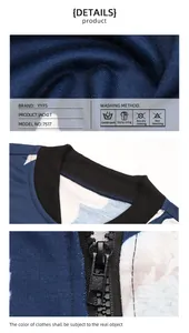 Detailed view of floral jacket fabric with black ribbed collar and care instructions