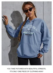 Detail of blue hoodie with white California lettering and kangaroo pocket design