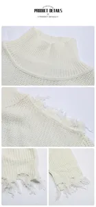 Détail d'un pull en tricot blanc montrant un col déchiré et des épaules effilochées