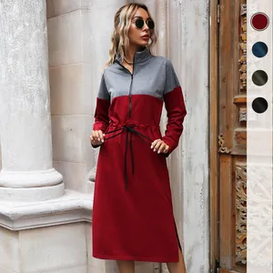 Women's Casual Color Block Midi Dress Drawstring Waist Zipper Stand Collar Long Sleeve Slit Cotton Polyester Dress
