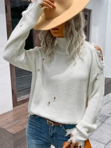 Pull Femme Déchiré Ajouré Col Montant Acrylique Épaules Dénudées Tricot Top Effiloché Décontracté Jumper Blanc