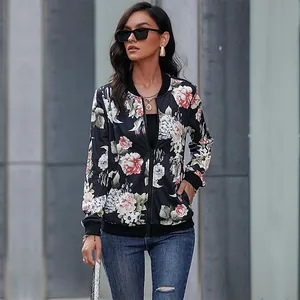 Women's vintage floral bomber jacket with black ribbed trim and full zipper closure