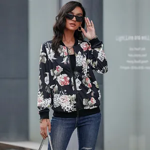 Women's vintage floral bomber jacket with long sleeves and black ribbed trim in street style