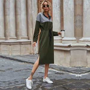 Casual mid-length color block sweatshirt dress with drawstring waist and stand collar