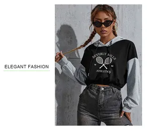 Detail view of cropped contrast hoodie with Beverly Hills Athletics letter print