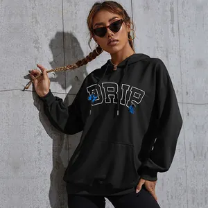 Oversized black hoodie for women featuring DRIP text and blue butterfly prints