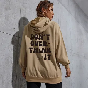 Khaki oversized hoodie featuring 'DON'T OVERTHINK IT' back print and street style smile
