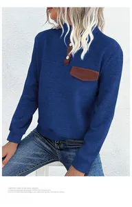 Detail of navy pullover sweatshirt featuring textured fabric and buttoned mock neck