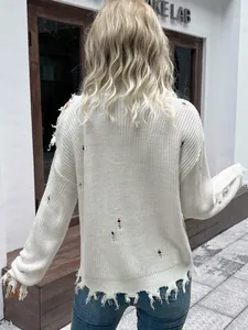 Pull en maille blanche pour femme avec dos évidé et détails effilochés style décontracté