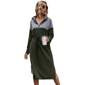 Women's casual dark green and grey drawstring midi dress with half-zipper and side slit