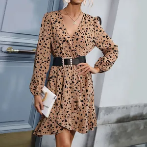 Women Leopard Print V Neck Long Sleeve Mini Dress With Belt Elegant Ruffle Hem Khaki Polyester Casual Fashion Wrap Dress