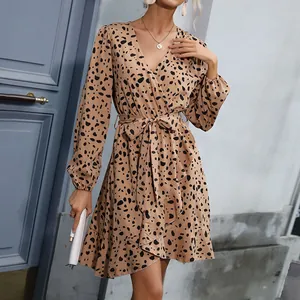 Women's V-neck leopard print dress with long sleeves and ruffled hem in apricot
