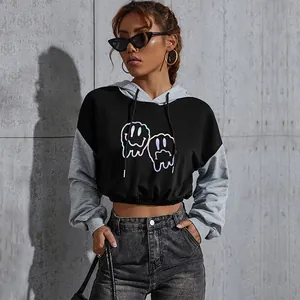 Sweat à Capuche Décontracté Femme Court Bloc de Couleur Manches Longues Graphique Sourire Streetwear Top Mode