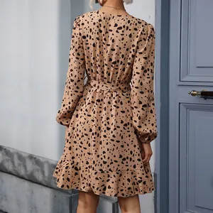 Women's leopard print long sleeve V-neck dress with waist tie and ruffle hem